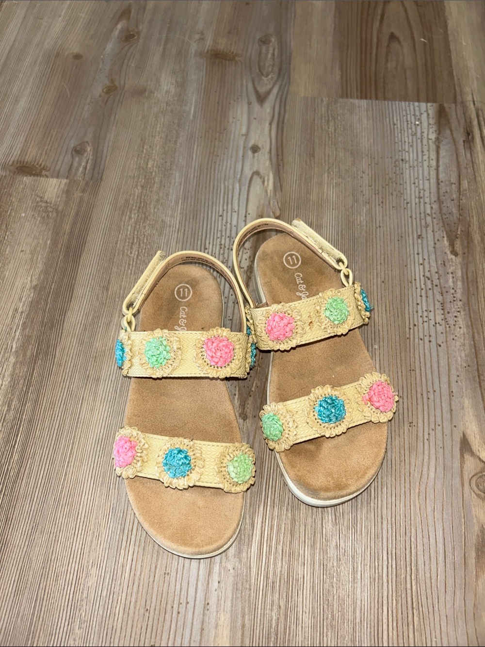 Size 11 Cat & Jack Tan Sandals with Pink, Blue & Green Accents